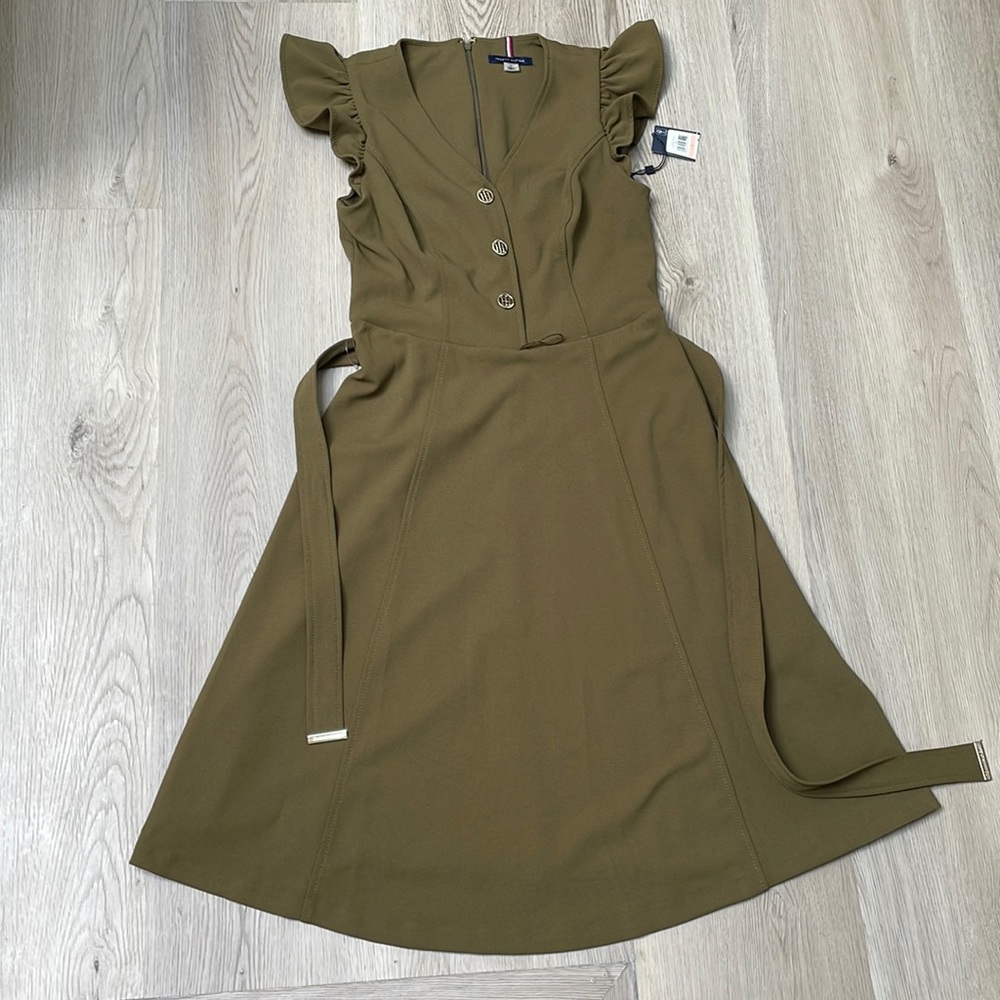 Olive Green Midi Dress with Flutter Sleeves - Unbranded